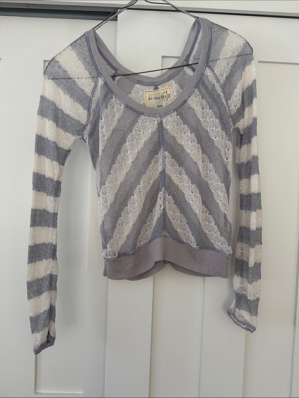 We The Free Cream and Gray Chevron Lace Long Sleeve Top